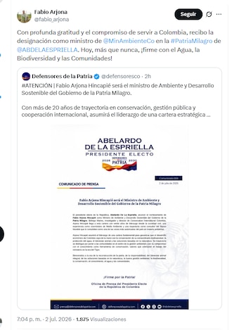 El biólogo marino Fabio Arjona agradeció a Abelardo de la Espriella por elegirlo para ser ministro de Ambiente - crédito @fabio_arjona/X