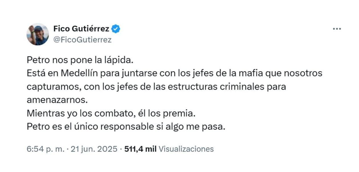 Federico Gutiérrez estalló en contra del presidente por estar junto a criminales en Medellín - crédito @FicoGutierrez/X