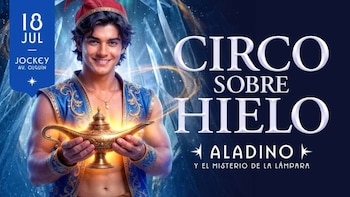 Hombre disfrazado de Aladino, lámpara mágica, texto Circo sobre Hielo Aladino, 18 de julio, Jockey Av. Olguín
