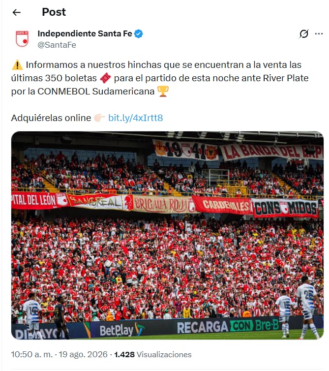 Post de Santa Fe liberando las últimas boletas para el partido contra River Plate - crédito X