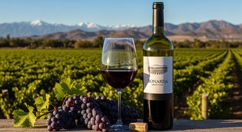 Botella de vino Bonarda, copa con vino tinto, racimo de uvas moradas, corcho, viñedo con hileras de plantas, montañas nevadas y cielo azul.