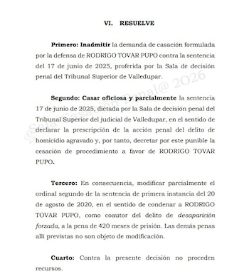 Corte Suprema no acepto solicitud de la defensa de alias Jorge 40, pera reconsiderar condena por masacre - crédito Corte Suprema de Justicia