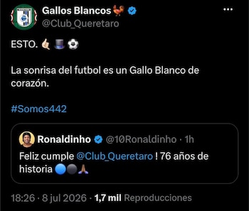 Querétaro recibió una felicitación de Ronaldinho por sus 76 años de historia y respondió con una referencia directa a la huella que dejó el brasileño: “La sonrisa del futbol” (Captura de pantalla)
