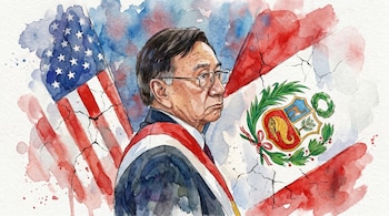 Ilustración en acuarela de un hombre con gafas y traje oscuro, fajín rojo y blanco, con las banderas de Estados Unidos y Perú agrietadas en el fondo.
