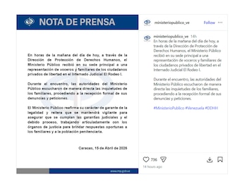 Captura de pantalla de una nota de prensa digital del Ministerio Público de Venezuela y una publicación de redes sociales relacionada con presos políticos