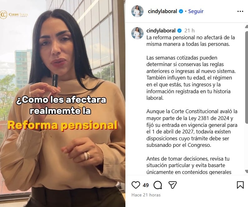 Isaza compartió la grabación y aclaró las inquietudes los usuarios el martes 8 de septiembre de 2026 - crédito @cindylaboral/IG
