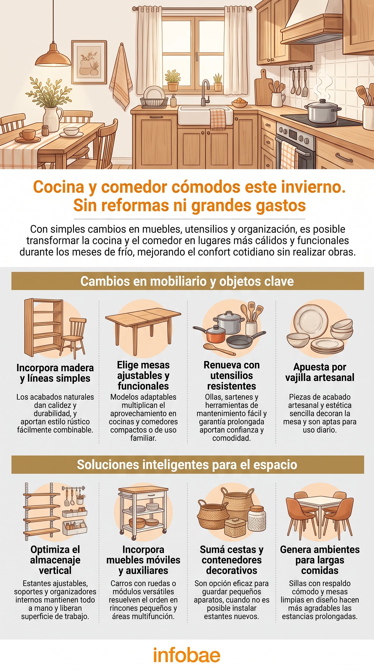 Infobae ilustra cómo transformar cocina y comedor en espacios cálidos y funcionales este invierno con cambios sencillos en mobiliario, utensilios y organización, sin necesidad de obras. (Imagen Ilustrativa Infobae)