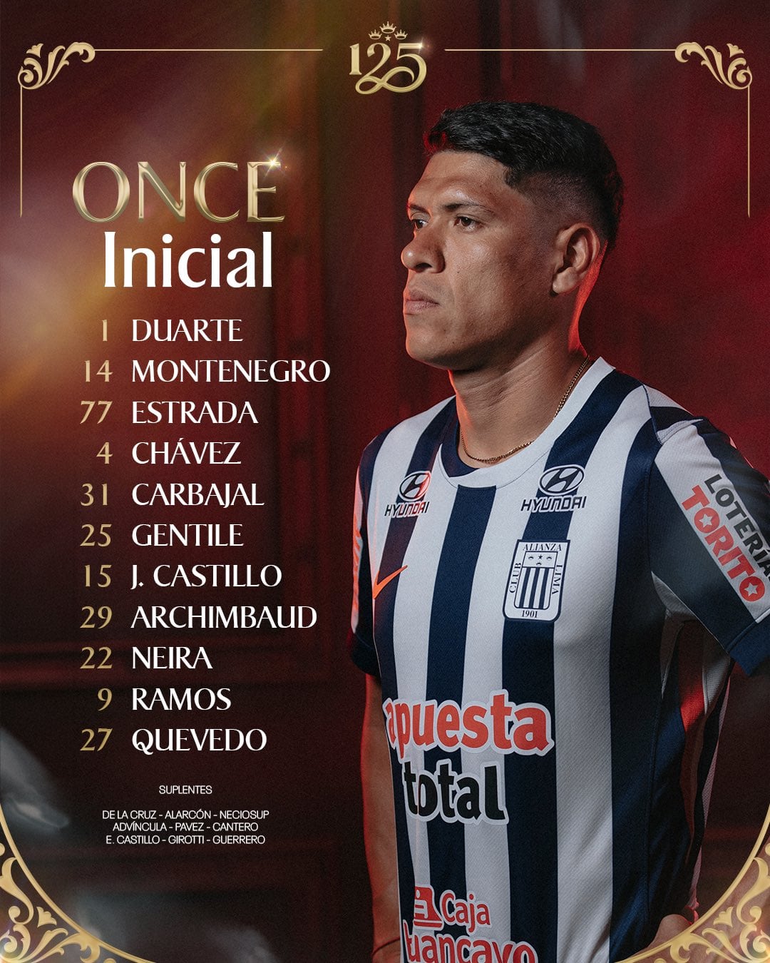 Once de Alianza Lima para el amistoso con Palestina en Matute 2026 - Crédito: X.