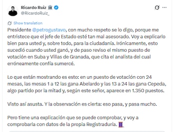 El analista de datos Ricardo Ruiz aclaró la organización de las mesas de votación, tras denuncia de Gustavo Petro - crédito @RicardoRuiz_/X