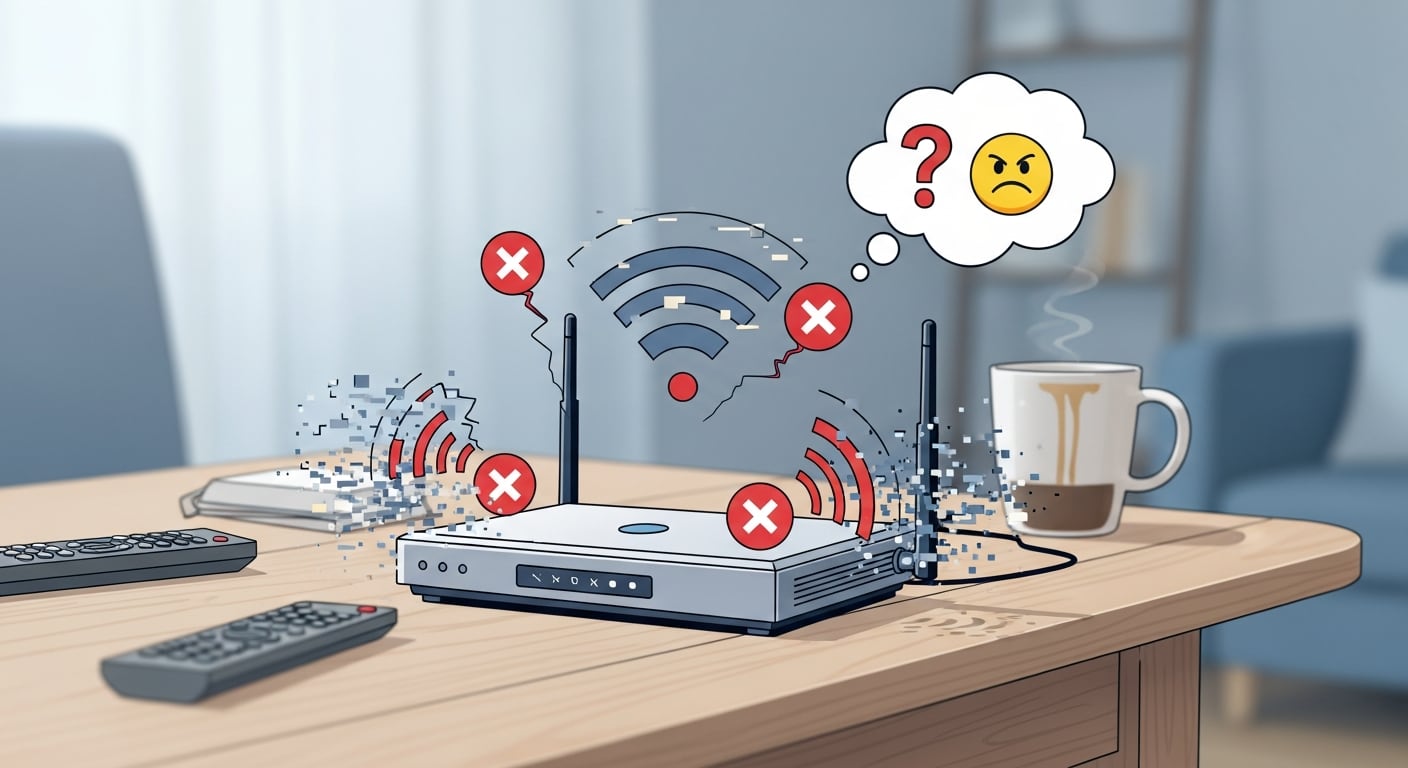 Una ilustración gráfica muestra un router de WiFi sobre una mesa de casa, emitiendo señales de error y baja conectividad, junto a una taza y controles remotos, simbolizando la frustración por problemas de internet. (Imagen Ilustrativa Infobae)