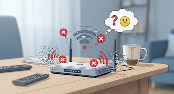 Ilustración de un router WiFi blanco en una mesa de madera. Muestra señales de error rojas, WiFi intermitente, burbuja con emoji frustrado, controles remotos y una taza.