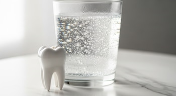 Vaso de agua con gas, burbujas, modelo de diente blanco, superficie de mármol blanco, luz natural suave, fondo blanco y gris.