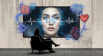 Silueta de persona sentada frente a pantalla que muestra un rostro difuso y 'IA', rodeada de iconos de cerebro y corazón. El fondo tiene patrones de datos y códigos.
