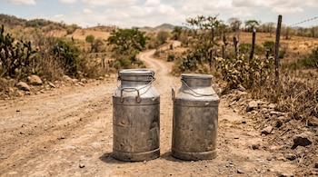 Dos garrafones metálicos de leche sobre un camino de tierra rodeado de vegetación seca, cercas de madera y cerros.