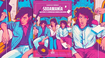 Portada de un libro titulado "Sodamanía" con una ilustración de tres hombres en un coche y dos hombres afuera, con un disco de vinilo.