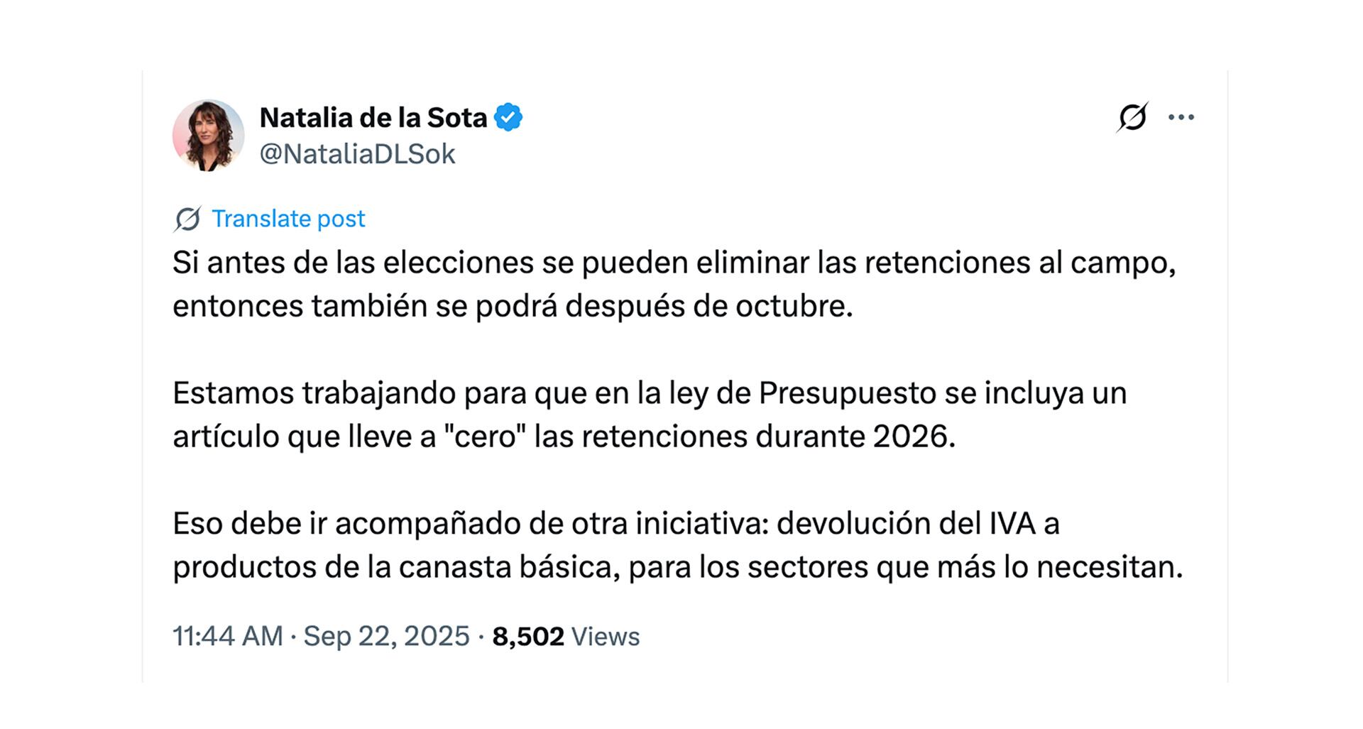 Tuit de la diputada cordobesa Natalia de la Sota