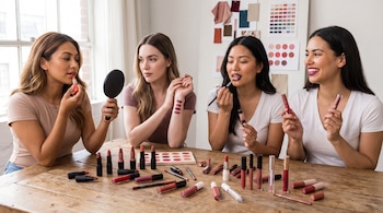 Cuatro mujeres sentadas alrededor de una mesa de madera con labiales, delineadores y paletas de maquillaje. Una mujer aplica labial, otra observa su muñeca, la tercera usa un pincel, y la cuarta sonríe.