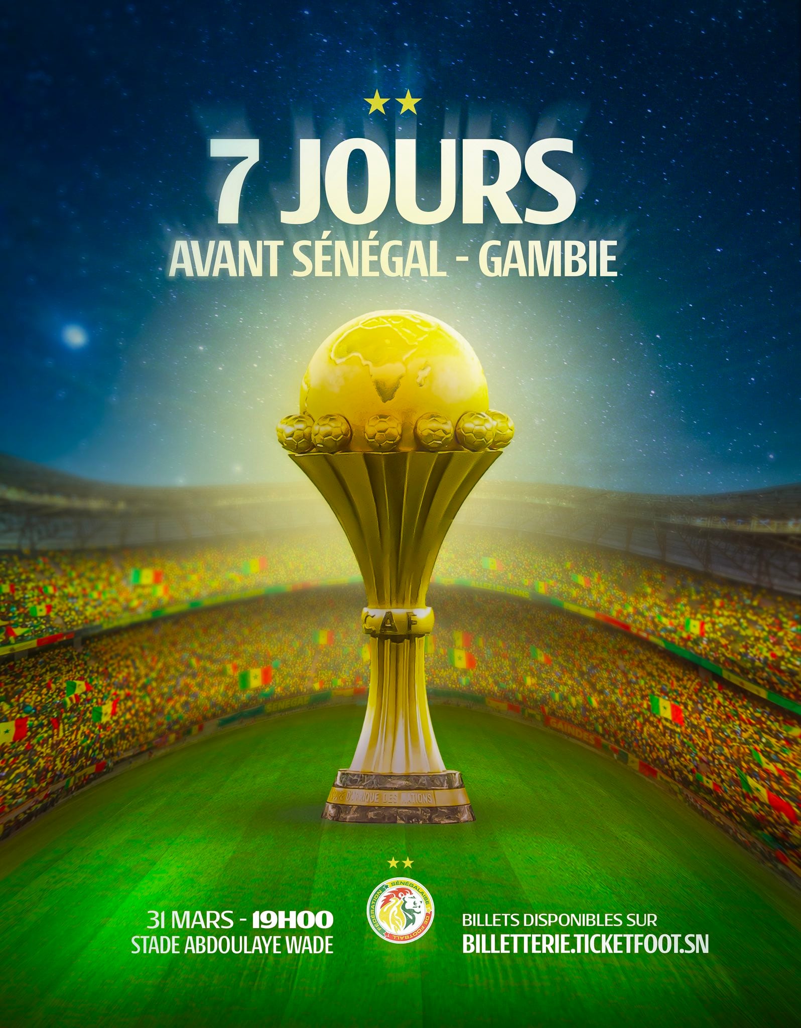 El afiche el amistoso entre Senegal y Gambia con la Copa Africana de Naciones de fondo