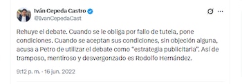 El candidato Iván Cepeda Castro rechazó la ausencia de Rodolfo Hernández en debates - crédito @IvanCepedaCast/X