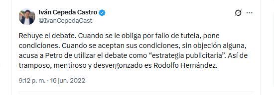 El candidato Iván Cepeda Castro rechazó la ausencia de Rodolfo Hernández en debates - crédito @IvanCepedaCast/X