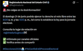 La Registraduría publicó en X que el derecho al voto libre podrá ejercerse dentro del horario fijado por la ley electoral - crédito @Registraduria/X