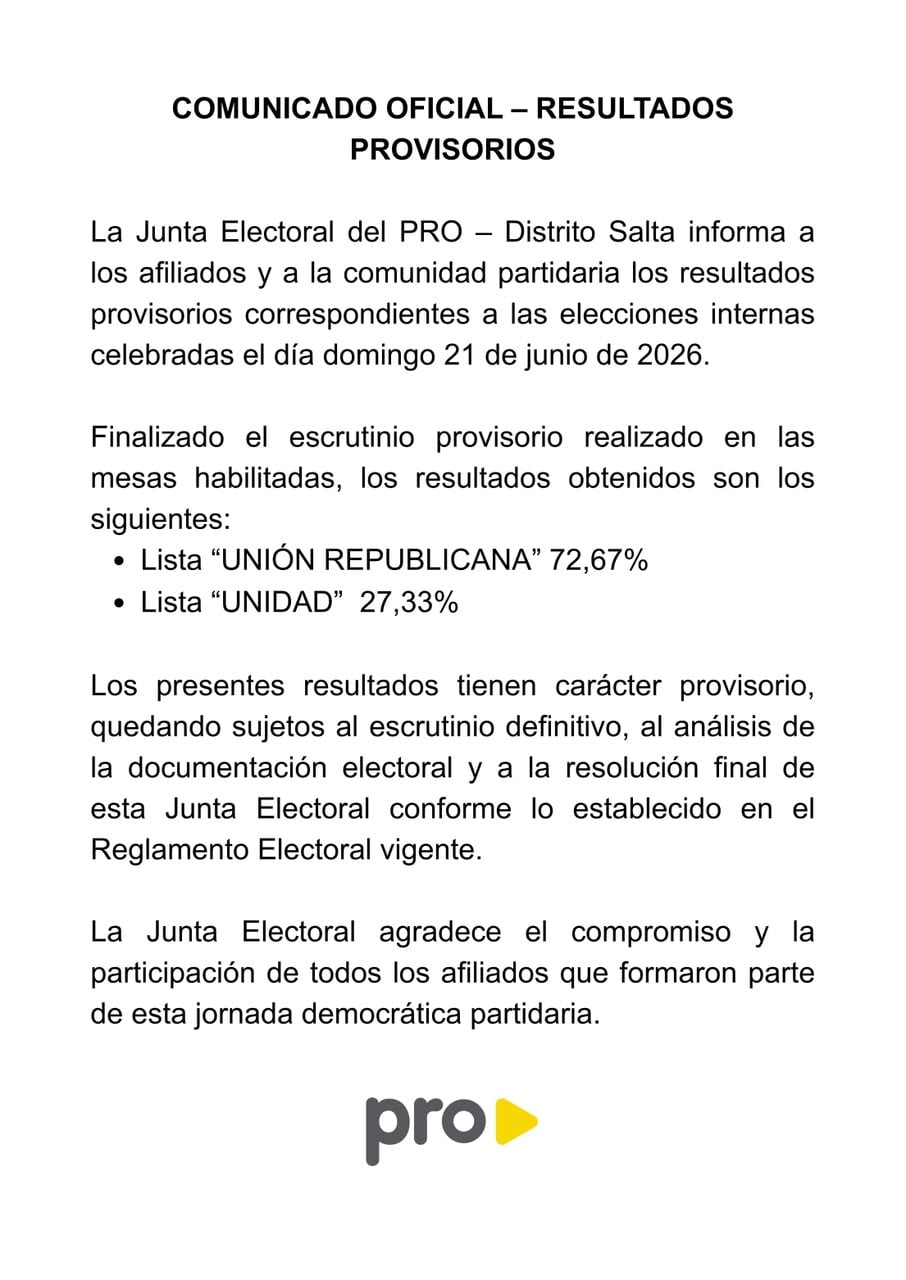 El comunicado oficial del PRO sobre la interna de Salta