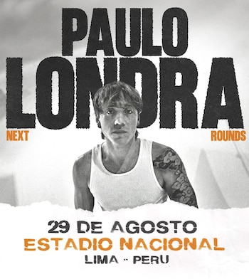 Cartel en blanco y negro con la imagen de Paulo Londra y texto que anuncia un concierto el 29 de agosto en el Estadio Nacional de Lima