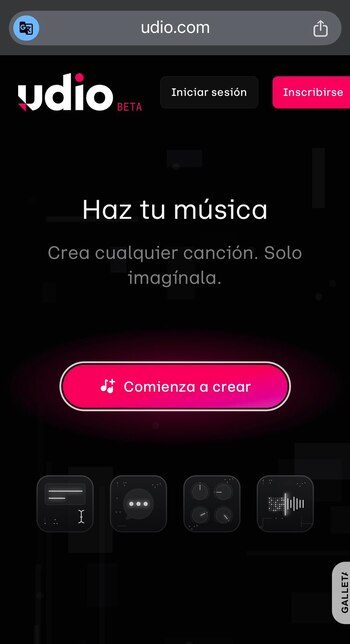 Captura de pantalla de la página de inicio de Udio.com que muestra el logo, el texto 'Haz tu música', un botón 'Comienza a crear' e íconos de herramientas