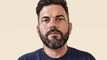 Ilustración de rostro de un hombre con barba, cabello castaño y camiseta azul oscuro sobre fondo beige.