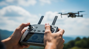 Primer plano de unas manos sosteniendo un control remoto de dron, con la pantalla mostrando datos, y un dron volando en el cielo azul de fondo.