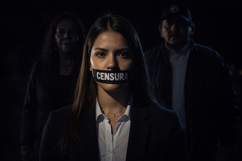 Mujer joven con cabello largo y oscuro, boca tapada por banda negra con la palabra Censura en blanco. Dos personas borrosas en el fondo.