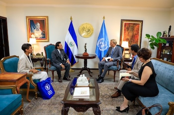 Félix Ulloa hijo y Carl Skau encabezaron en San Salvador una reunión bilateral con representantes de organismos internacionales y de Naciones Unidas./(Vicepresidencia de la República)