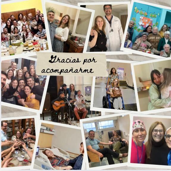 Un collage de momentos atesorados por Nora: con amigos y familia, y con los médicos que la tratan: dos años intensos y llenos de afecto y gratitud
