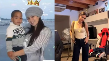 Imagen dividida con una mujer con gorro junto a un niño a la izquierda, y una mujer parada en un espacio interior a la derecha