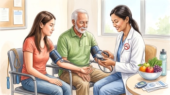 Una doctora mide la presión a una mujer y a un anciano sentados, junto a un cuenco con frutas, una cuerda de saltar y un glucómetro.