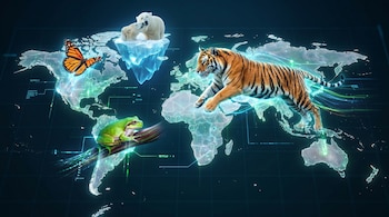 Un mapa mundial oscuro y futurista con contornos brillantes, mostrando dos osos polares en un iceberg, un tigre, una mariposa monarca y una rana.