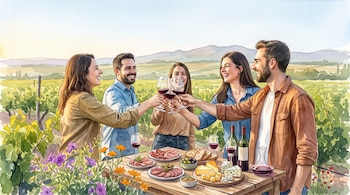 Ilustración en acuarela de personas brindando con copas de vino junto a una mesa con quesos y fiambres en un viñedo al aire libre.