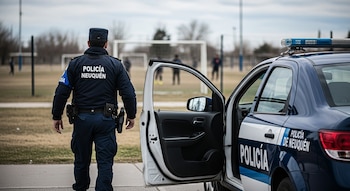 Un policía de Neuquén, visto desde atrás, sale de su patrullero con la puerta abierta; al fondo se ve una cancha de fútbol 5 borrosa bajo un cielo nublado.