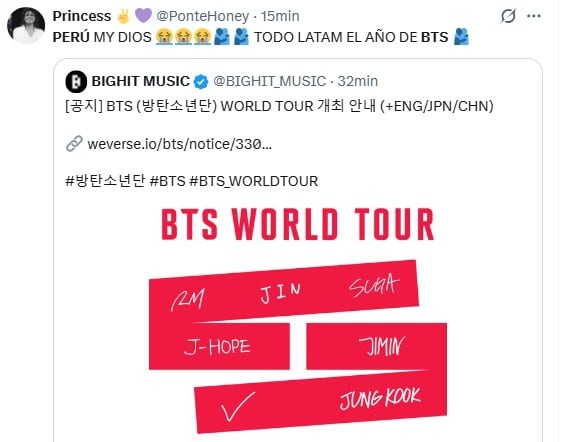 BTS llega por primera vez a Perú y usuarios se emocionan con el anuncio: “Aún no me la creo”