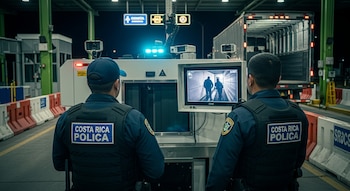 Dos policías de espaldas observan la pantalla de un escáner móvil fronterizo que muestra siluetas de personas dentro de un camión de carga en un puesto de aduanas nocturno.