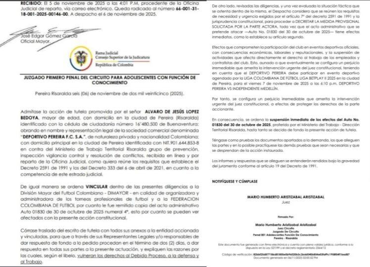 Un juzgado de Pereira aceptó la tutela a favor del club Matecaña, permitiéndole usar sus juveniles para el partido ante Independiente Medellín por la Liga BetPlay - crédito @elmago_b/X