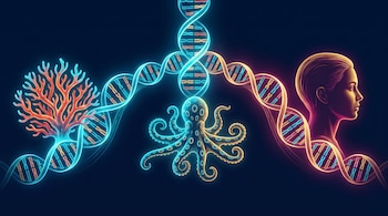 Ilustración de una doble hélice de ADN brillante que conecta un coral, un pulpo y el perfil luminoso de una persona.