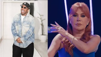 Imagen dividida con Jefferson Farfán a la izquierda sonriendo con gorra y chaqueta de mezclilla, y Magaly Medina a la derecha con expresión seria y cabello rojizo, vestida de azul