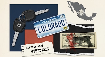 Dos llaves de automóvil, una placa de Colorado, un papel con VIN alterado, un billete con manchas y silueta de pistola, y un mapa de México.