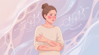 Ilustración de mujer con piel irritada en rostro, cuello y brazos; estructuras de estrógeno y progesterona; fondo abstracto de barrera cutánea.