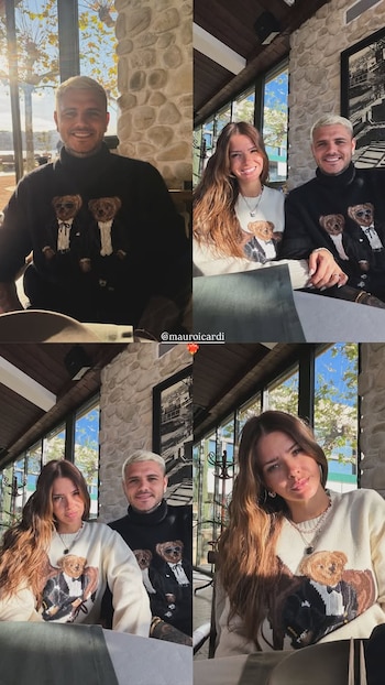 La pareja eligió vestir sweaters