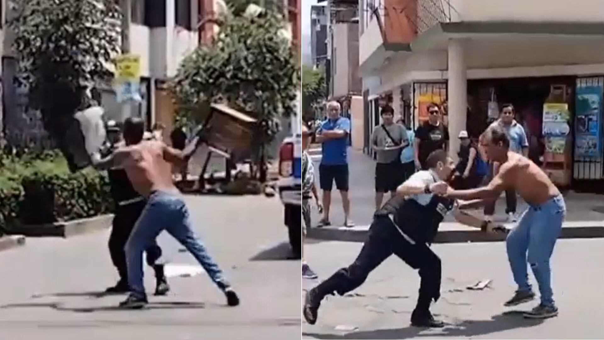 Un sereno de San Martín de Porres utiliza una pistola de electrochoque para defenderse de un ciudadano extranjero que lo atacó violentamente en la urbanización Ingeniería, en respuesta a un llamado vecinal (Foto: Composición Infobae Perú)