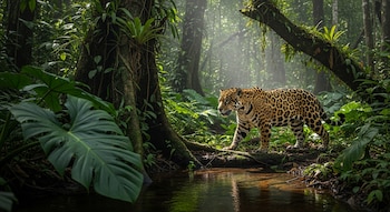 Un jaguar de pelaje manchado camina por un sendero de tierra junto a un cuerpo de agua en un bosque denso y verde, con grandes árboles y luz solar filtrándose.
