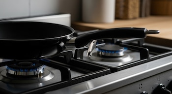 Una sartén negra moderna está sobre una cocina de gas con dos quemadores encendidos, mostrando su mango parcialmente suelto y una pieza metálica desprendida.
