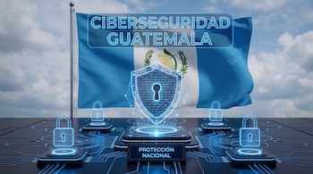 La bandera de Guatemala detrás de un escudo con un candado, circuitos integrados y las frases Ciberseguridad Guatemala y Protección Nacional.